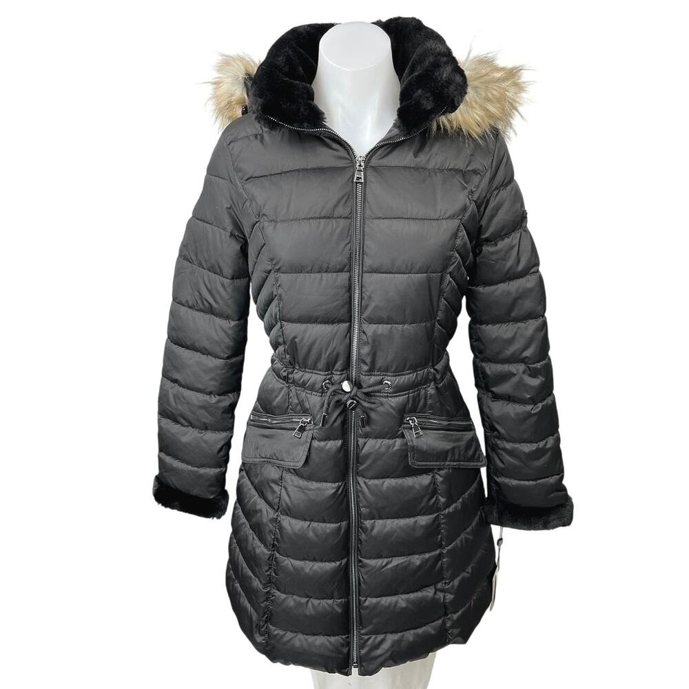 NEW Laundry by Shelli Segal Black Faux Fur Hooded Quilted Puffer Coat Jacket XS